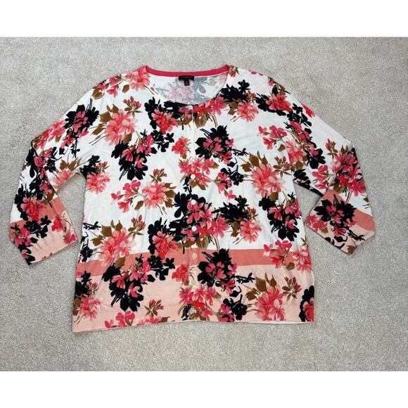 Talbots Charming Cardigan Pink Black White Floral Print Size XL - Picture 1 of 4